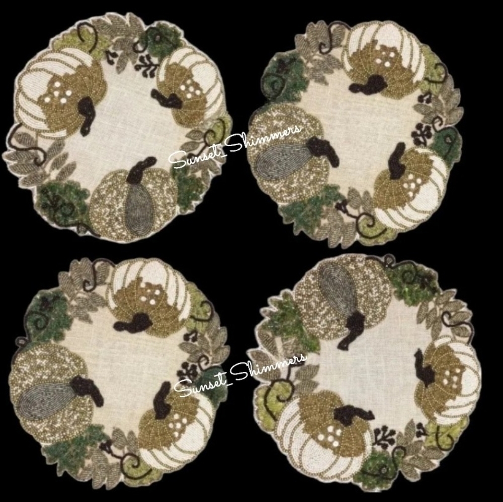 4 Nicole Miller Thanksgiving Beaded WHITE PUMPKIN Jute Placemat Chargers New